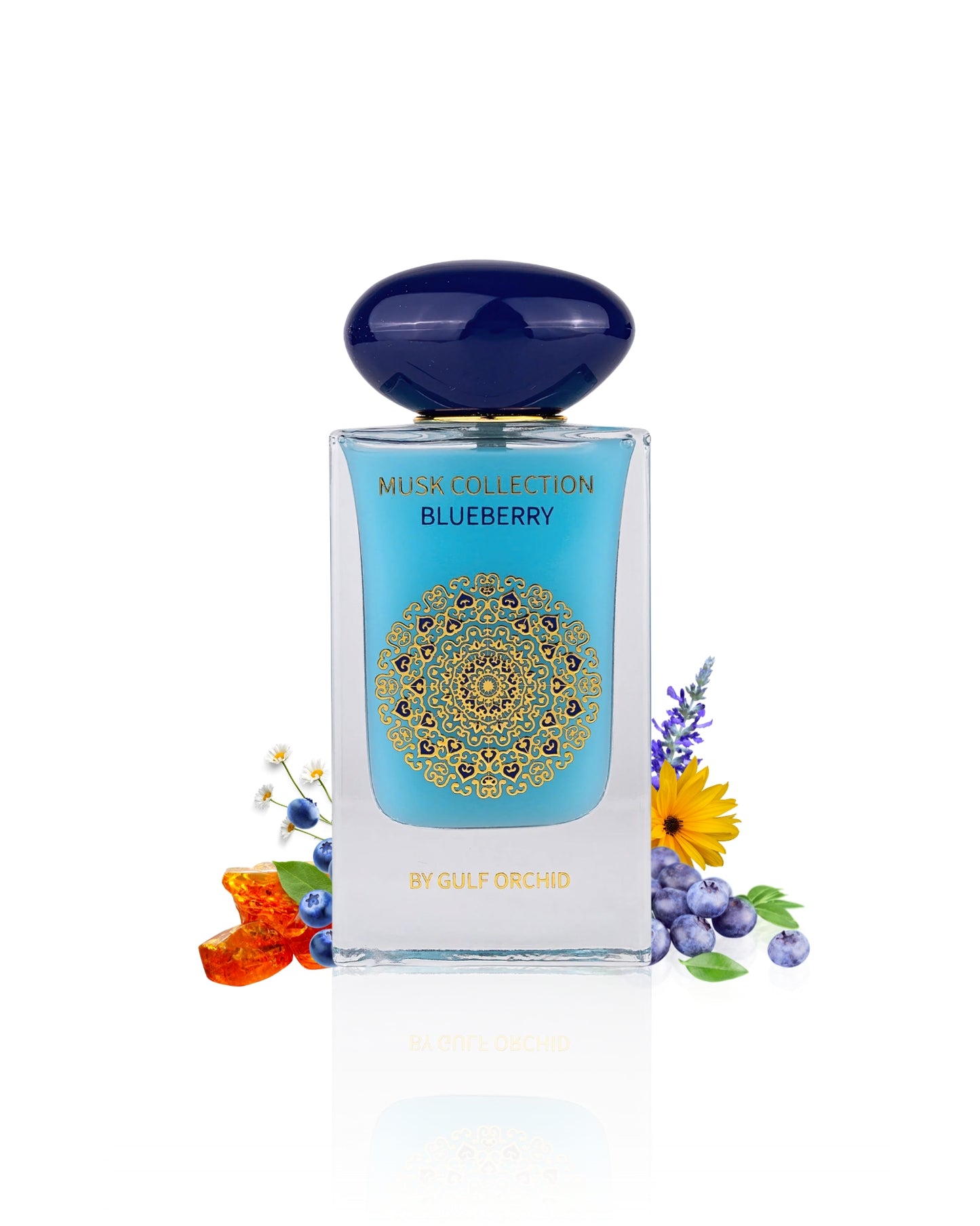 blueberry musk by gulf orchid perfume bottle surrounded with its ingredients like blueberry and amber with many others shows from behind the bottle against white background