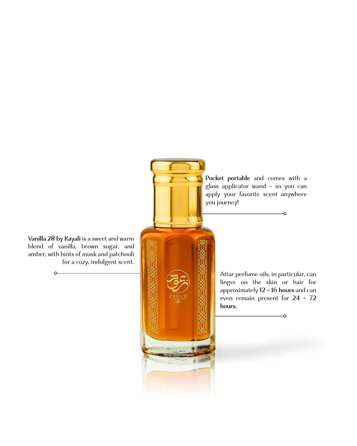 brown tonka perfume oil bottle beside written fragrance informations against white background