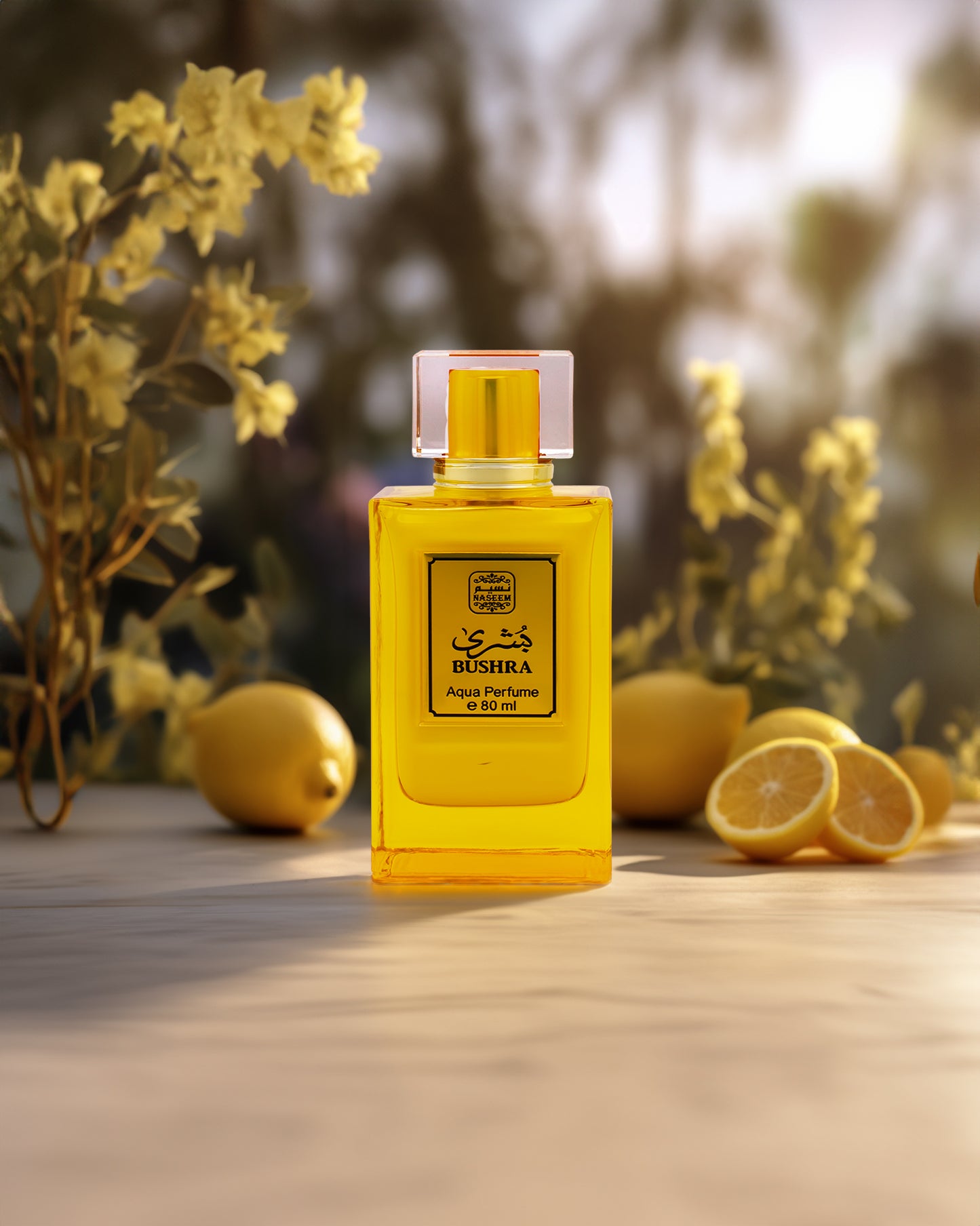 bushra aqua parfum bottle photograph surrounded by lemons