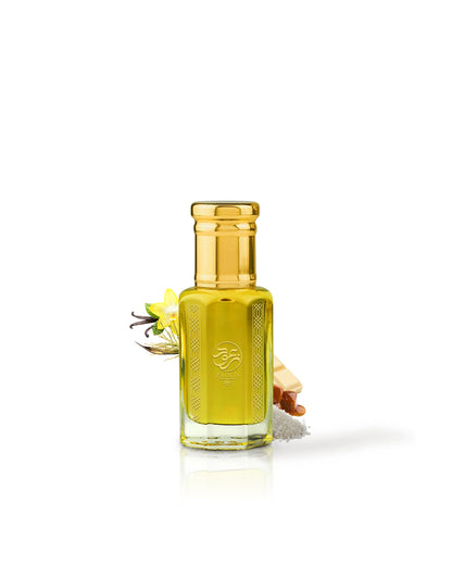 caramel 71 perfume oil bottle with golden cap surrounded by fragrance notes like caramel and vanilla shows against white background
