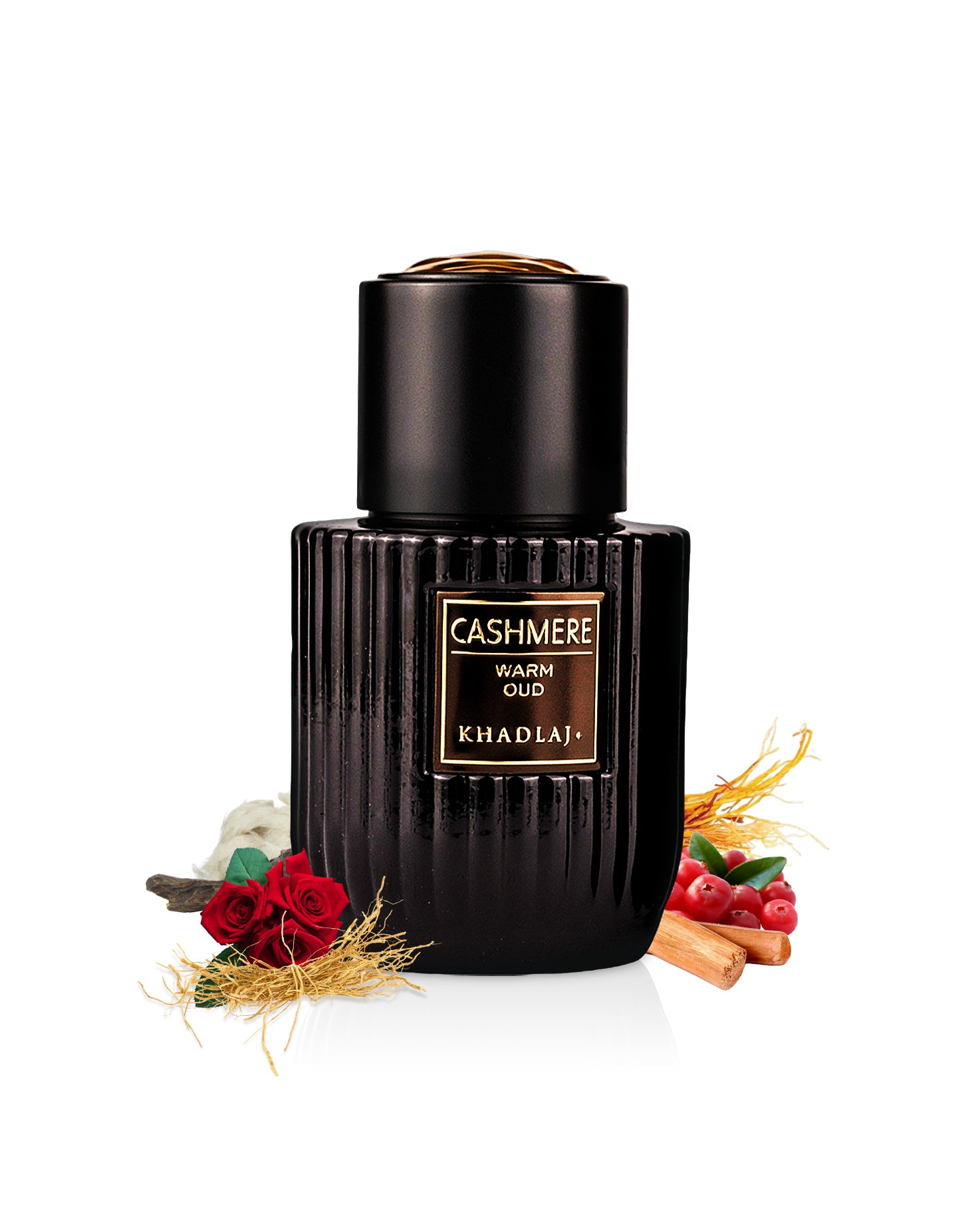 khadlaj cashmere warm oud perfume bottle surrounded with its ingredients like rose and sandalwood with many others shows from behind the bottle against white background