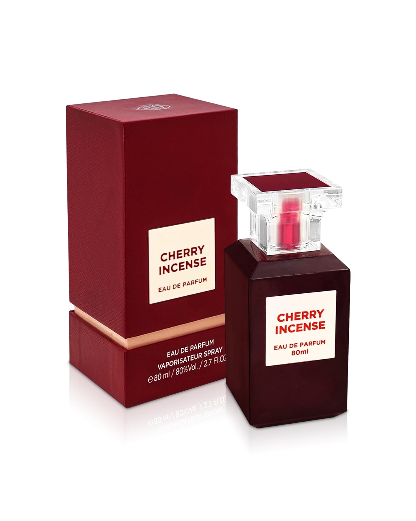 fragrance worl cherry incense perfume bottle shows beside its box  against white background