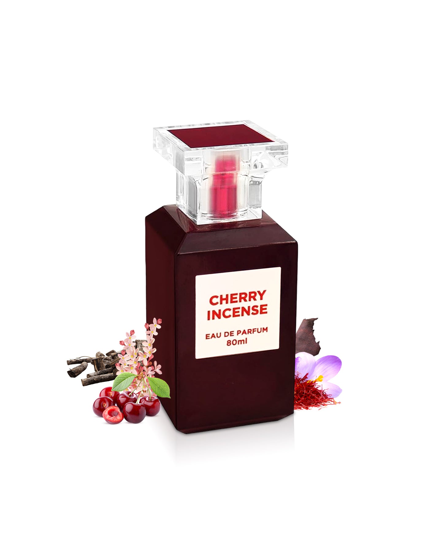 fragrance worl cherry incense perfume bottle surrounded with its ingredients like cherries and saffron shows from behind the bottle against white background