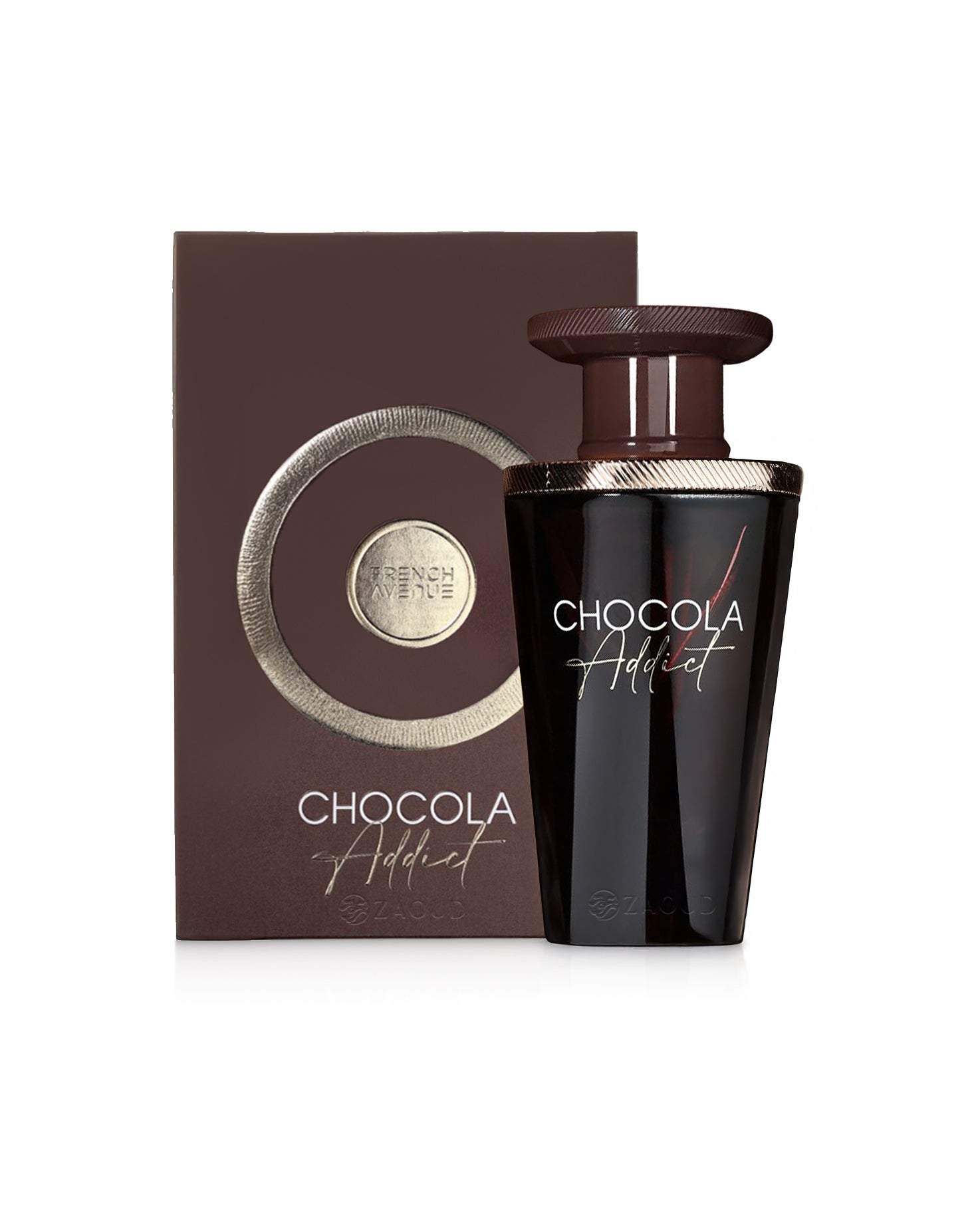 frech avenue chocola addict perfume bottle shows beside its box against white background