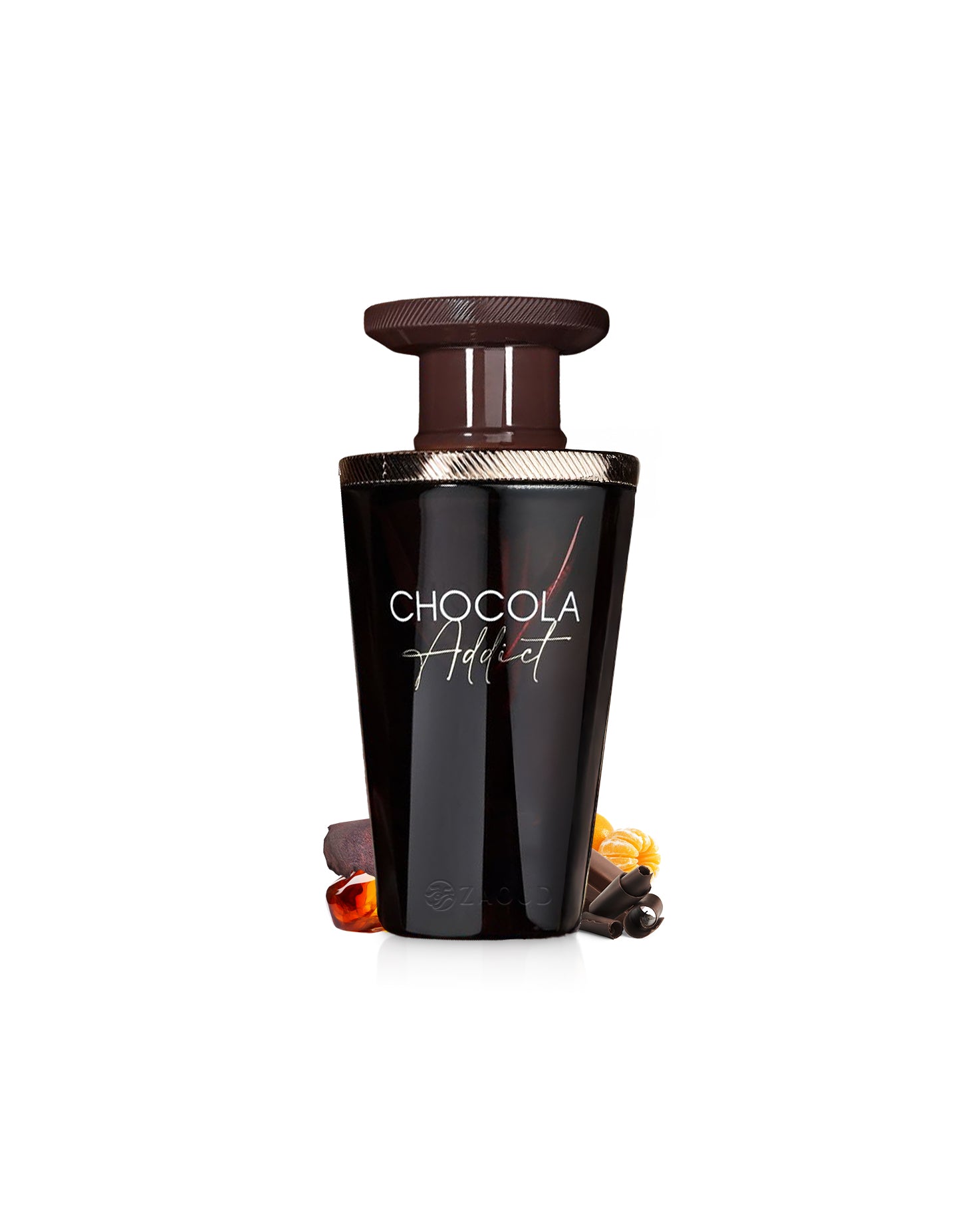 frech avenue chocola addict perfume bottle surrounded with fragrance notes like orange and chocolate shows against white background