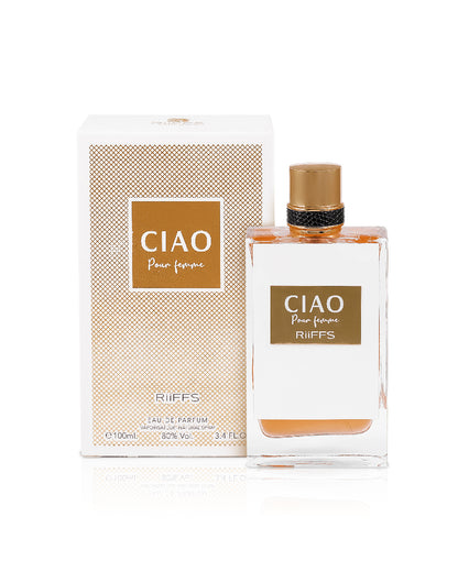 ciao pour femme by riiffs perfumes bottle shows beside its box against white background