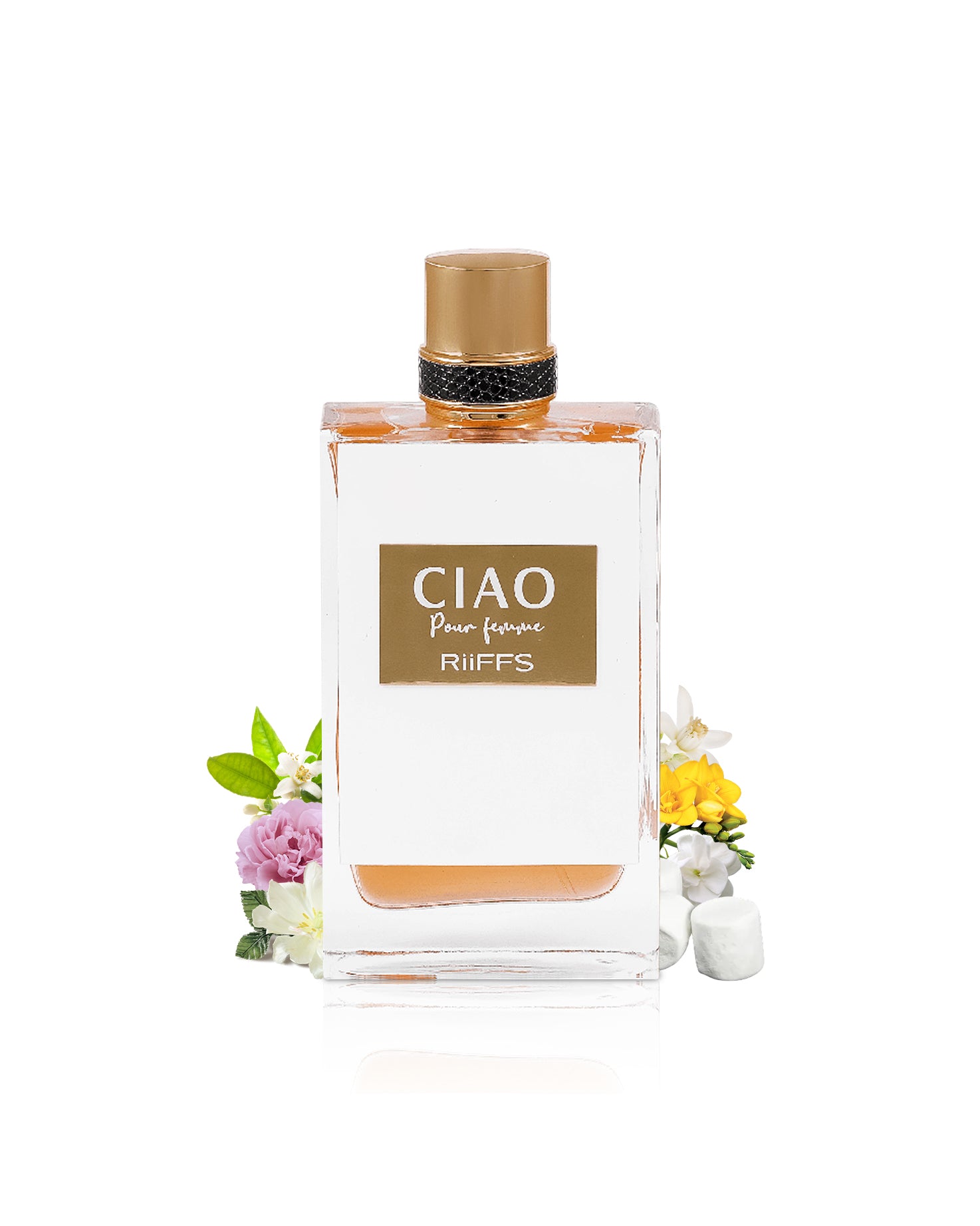 ciao pour femme by riiffs perfumes bottle surrounded with its ingredients like jasmine, peony and marshmellow with many others shows from behind the bottle against white background