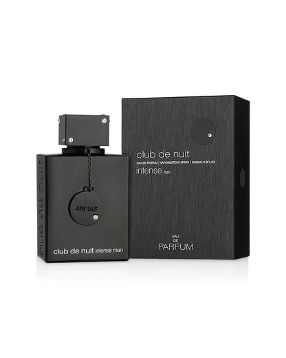 armaf club de nuit intense man parfum bottle beside its box shows against white background