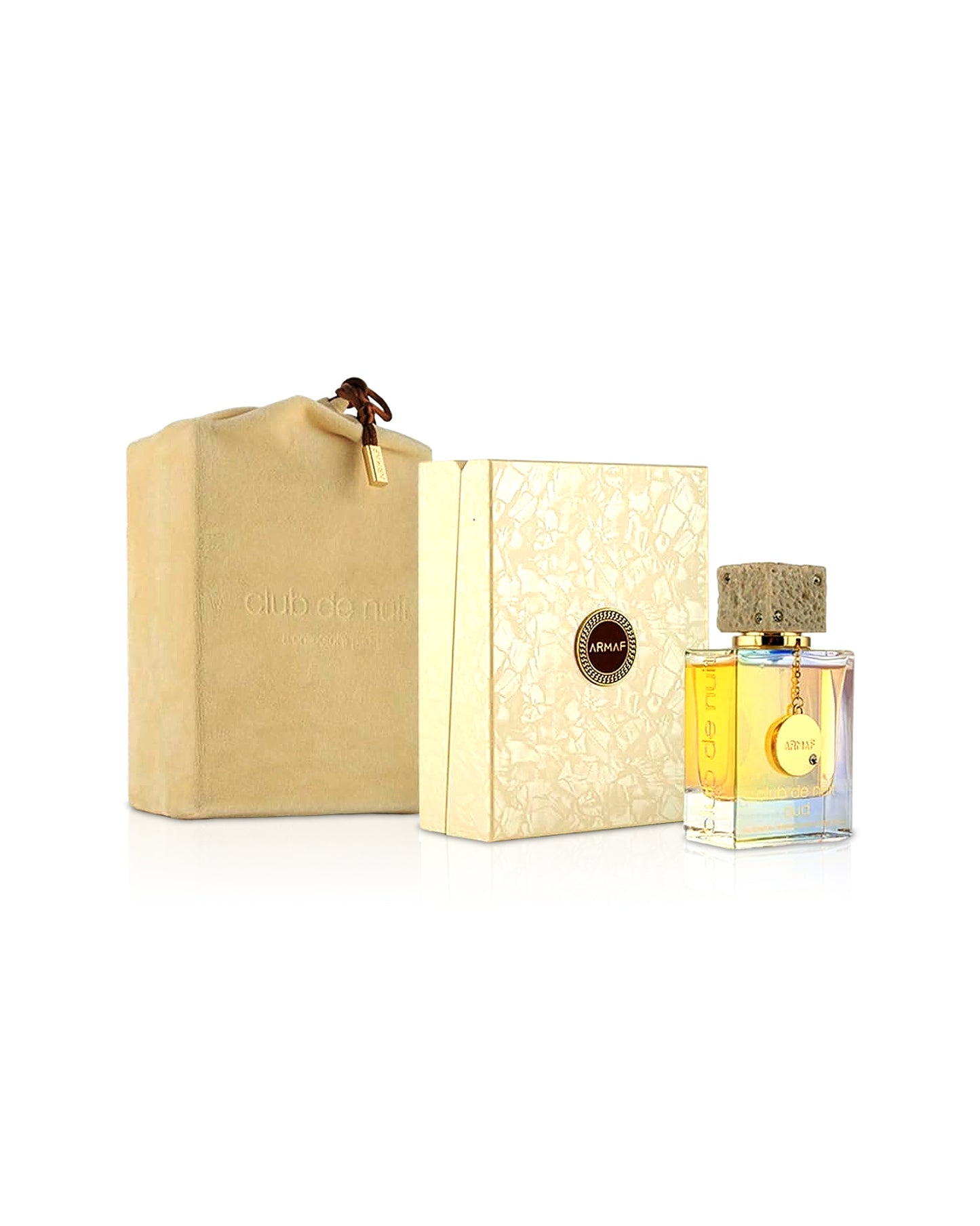 armaf club de nuit oud perfume bottle shows beside its box and cousion  against white background