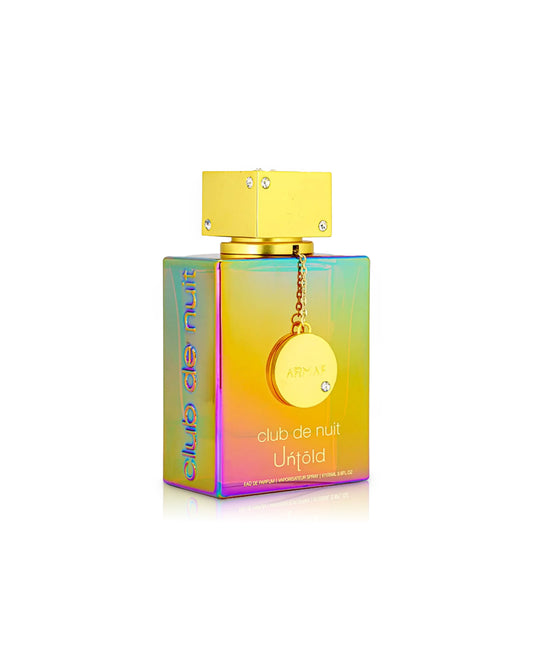 Armaf club de nuit untold Colorful perfume bottle with a yellow cap on a white background
