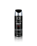 A black and silver spray bottle of Urban Men Club de Nuit Elixir perfume body spray by armaf, centered on a white background with a subtle reflection below.