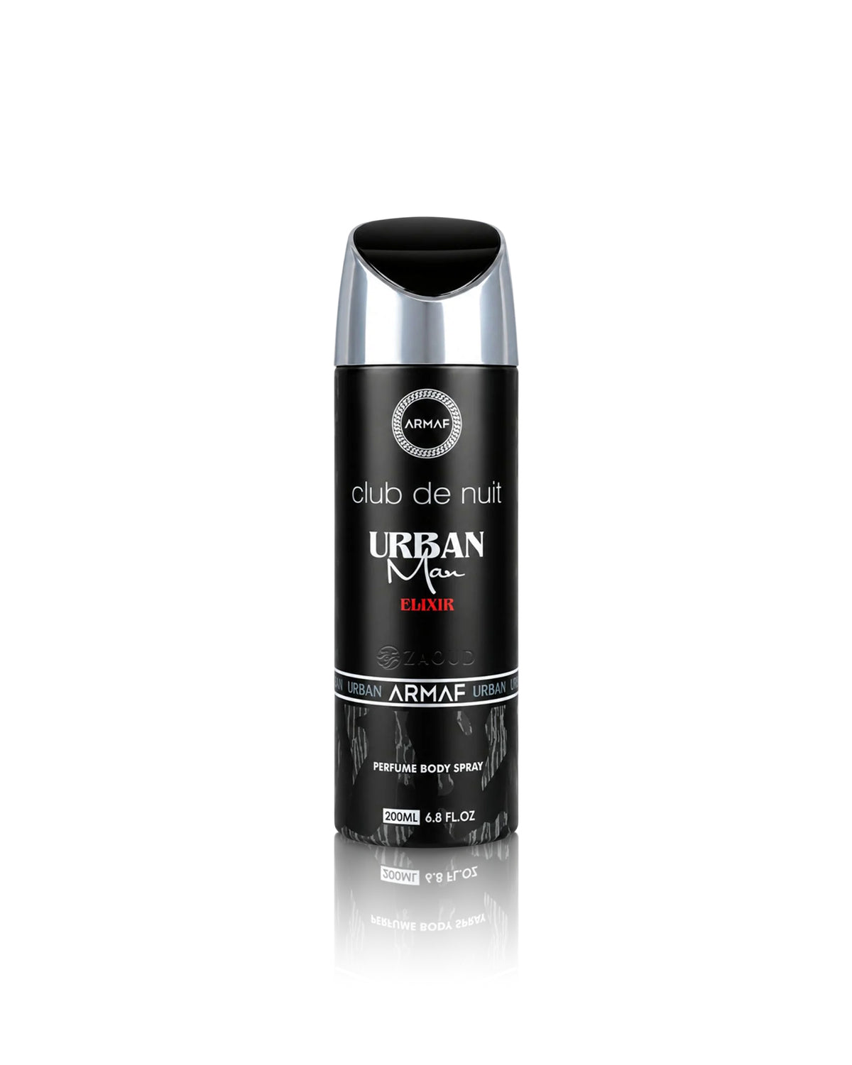A black and silver spray bottle of Urban Men Club de Nuit Elixir perfume body spray by armaf, centered on a white background with a subtle reflection below.