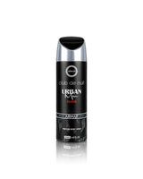 A black and silver spray bottle of Urban Men Club de Nuit Elixir perfume body spray by armaf, centered on a white background with a subtle reflection below.