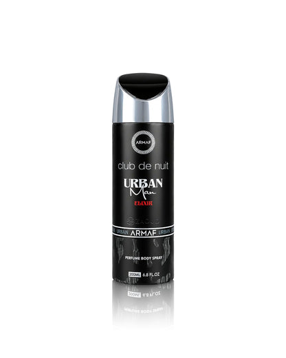 A black and silver spray bottle of Urban Men Club de Nuit Elixir perfume body spray by armaf, centered on a white background with a subtle reflection below.