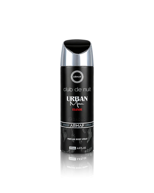 A black and silver spray bottle of Urban Men Club de Nuit Elixir perfume body spray by armaf, centered on a white background with a subtle reflection below.