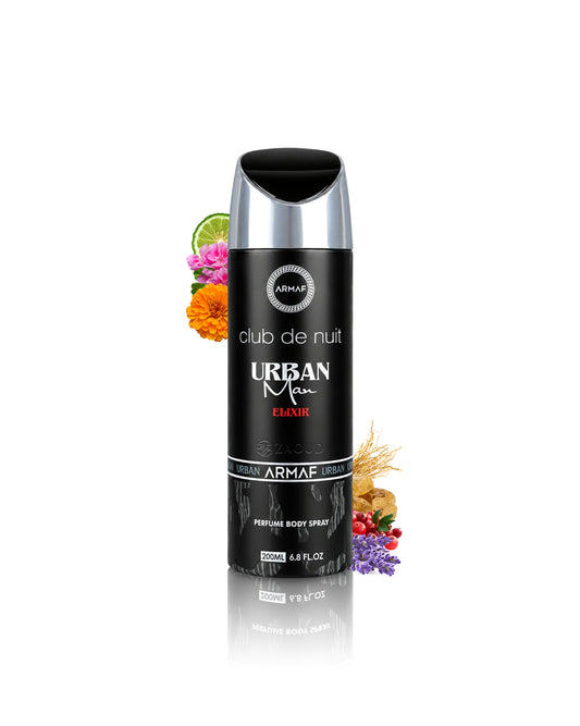A bottle of Urban Men Club de Nuit Elixir perfume body spray by Armaf, presented on a reflective white surface with decorative citrus and flowers around the bottle.