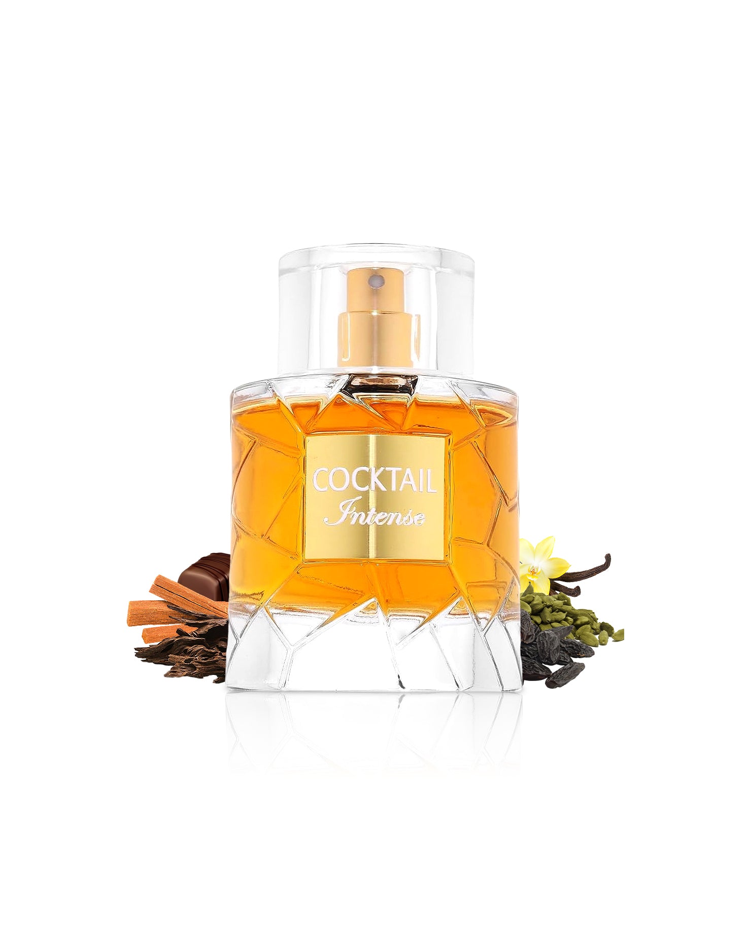 fragrance world cocktail intense perfume bottle surrounded with its its fragrance notes like cardamom and vanilla shows from behind the bottle against white background