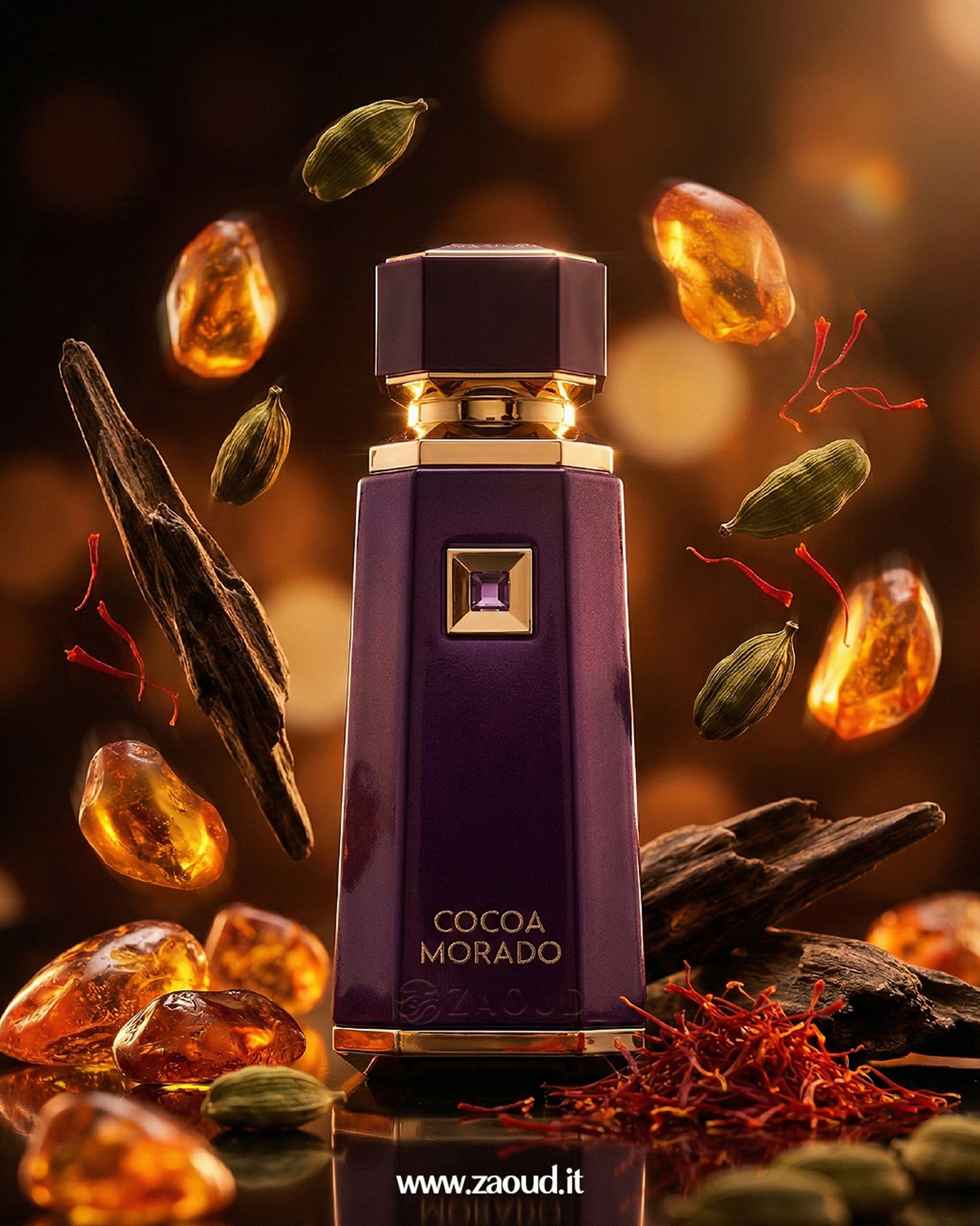 Purple perfume bottle labeled 'Cocoa Morado' with spices and amber on a dark background