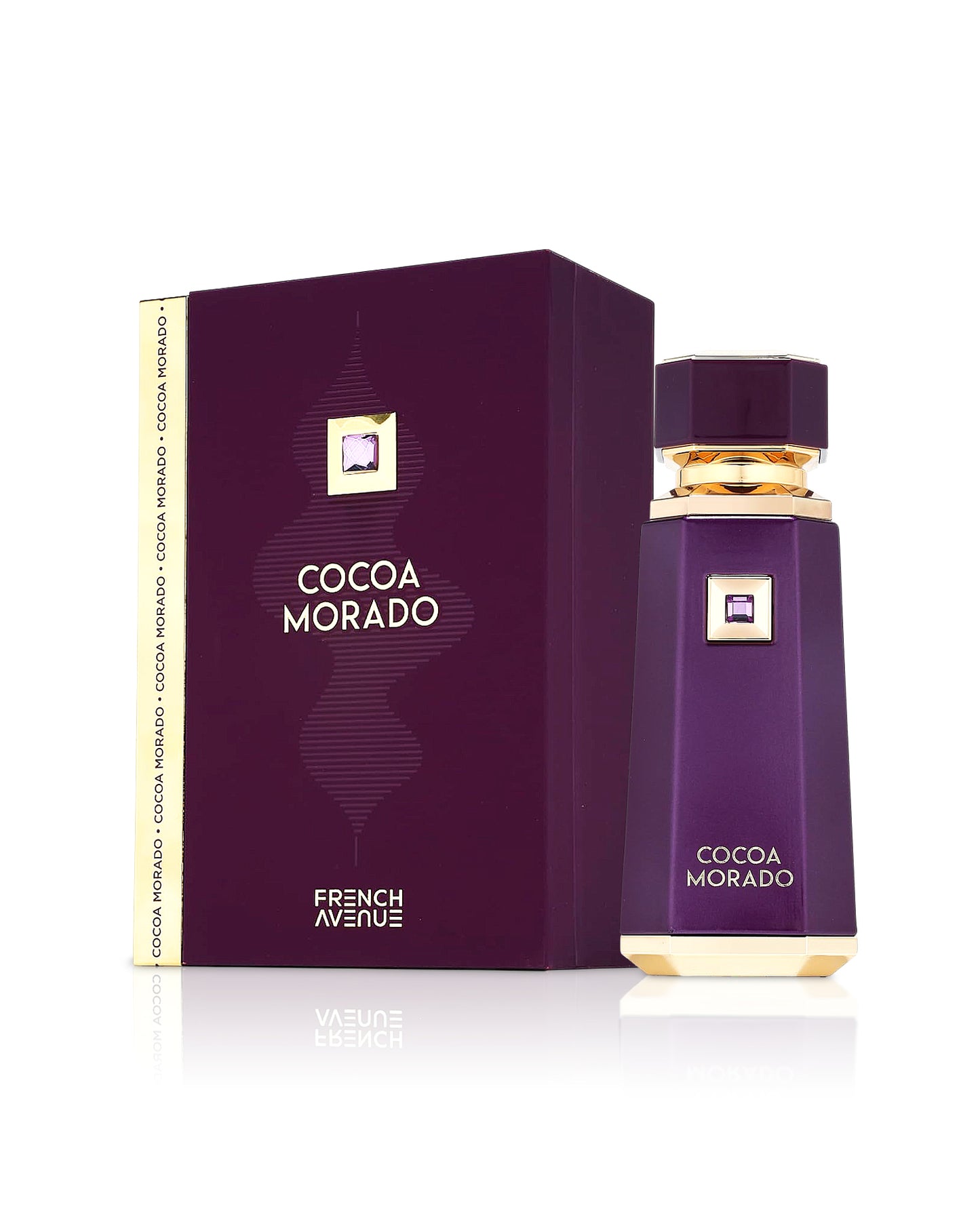 french avenue cocoa morado perfume bottle shows beside its box against white background