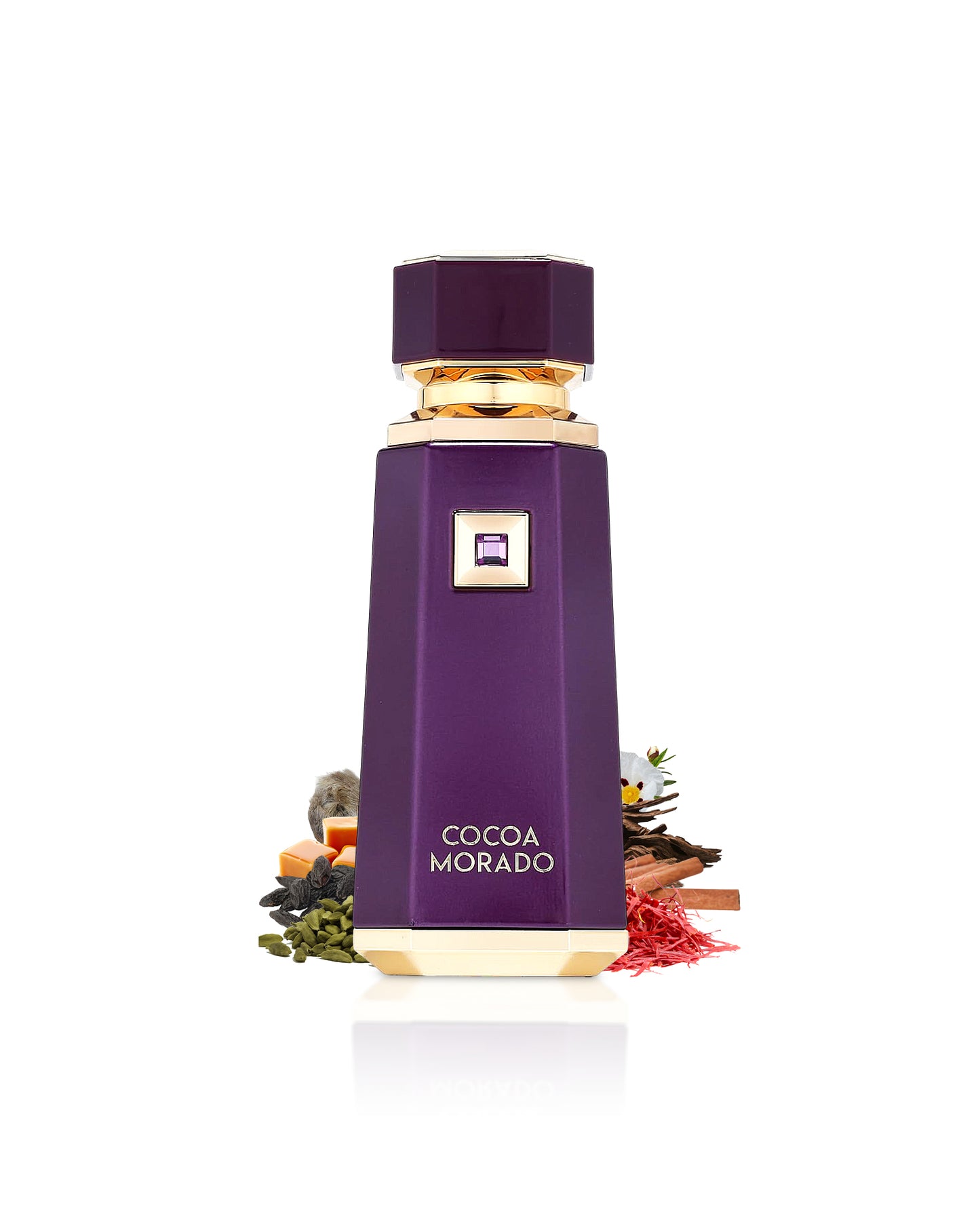 french avenue cocoa morado perfume bottle surrounded with fragrance notes like saffron and cardamom shows against white background