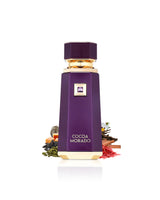 french avenue cocoa morado perfume bottle surrounded with fragrance notes like saffron and cardamom shows against white background