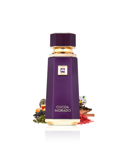 french avenue cocoa morado perfume bottle surrounded with fragrance notes like saffron and cardamom shows against white background