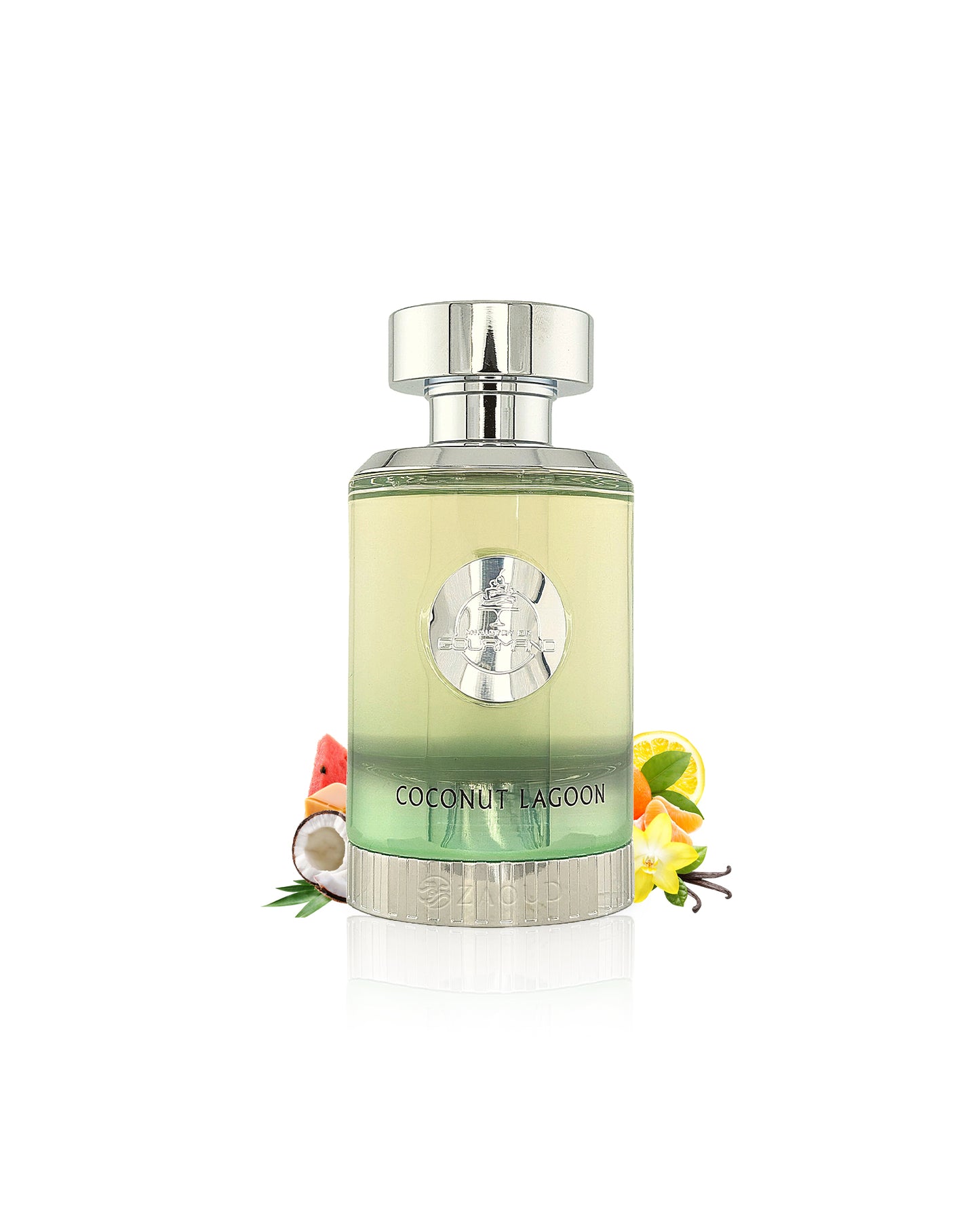 paris corner coconut lagoon perfume bottle surrounded with fragrance notes like coconut and vanilla shows against white background