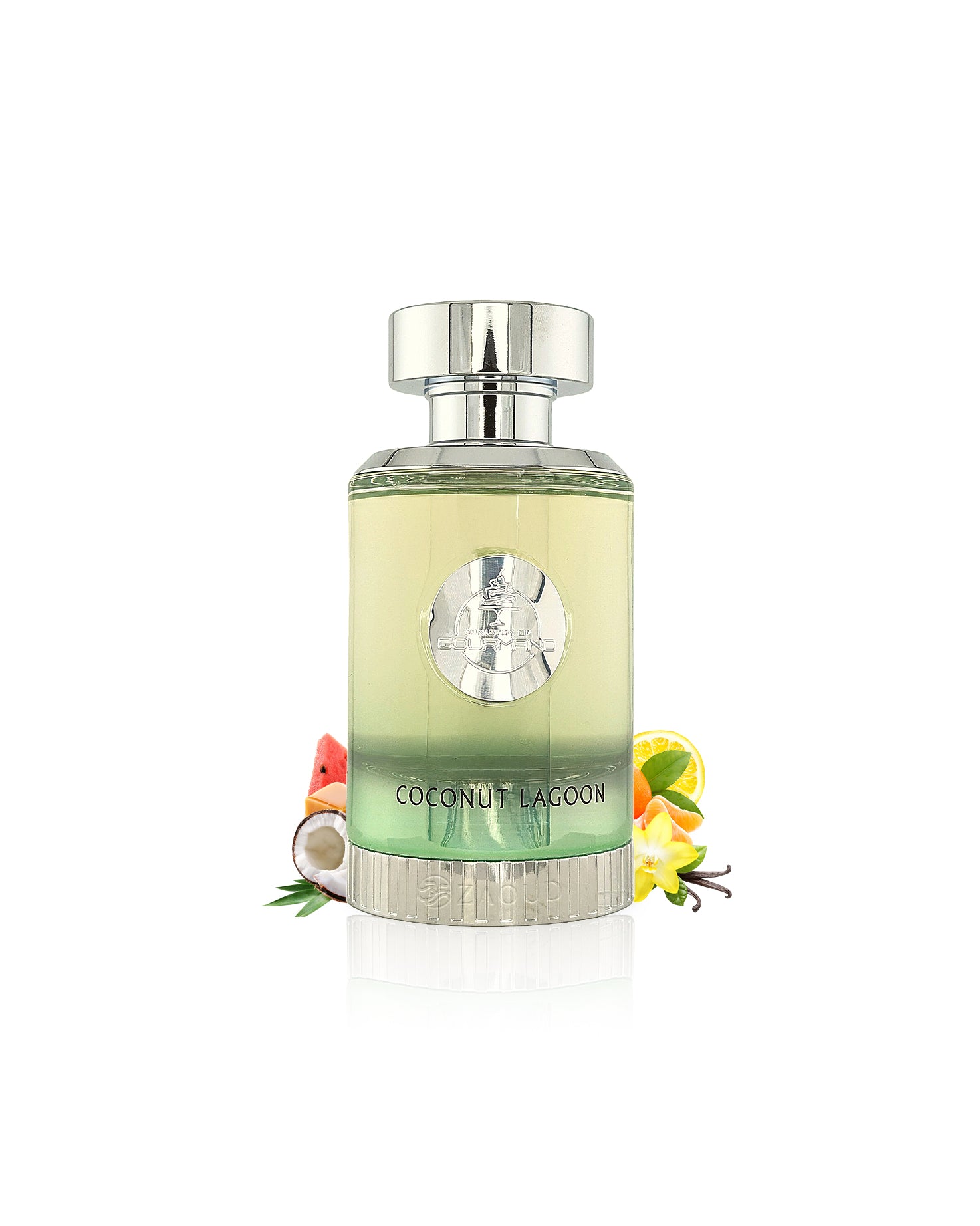 paris corner coconut lagoon perfume bottle surrounded with fragrance notes like coconut and vanilla shows against white background