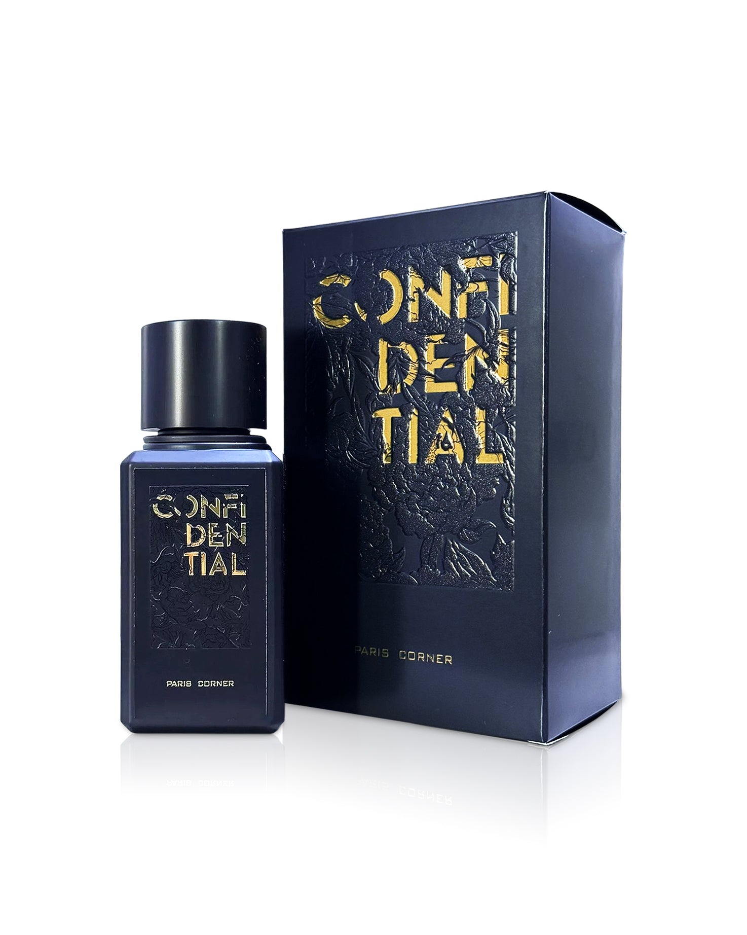 paris corner confidential perfume bottle shows beside its box against white background