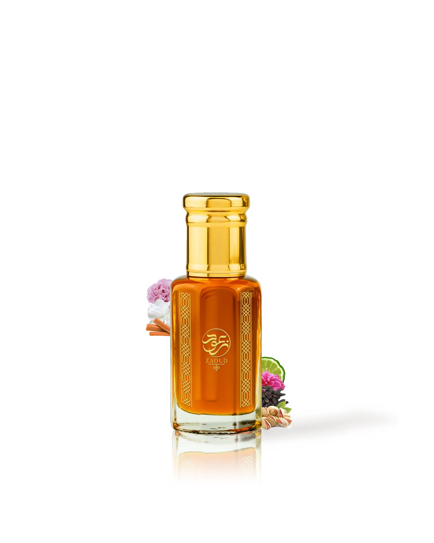 creme pistache perfume oil bottle surrounded with fragrance notes like pistachio and rose shows behind the bottle against white background