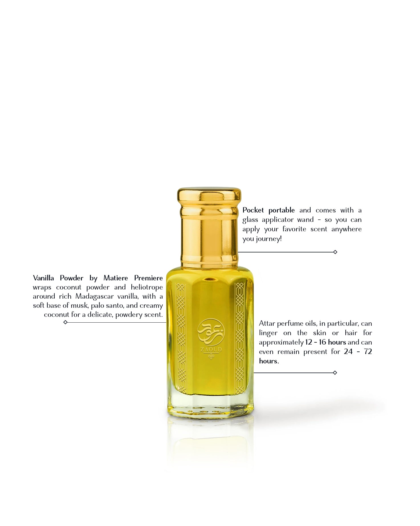 creme voile perfume oil bottle beside written fragrance information against white background