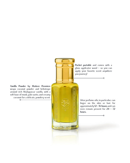 creme voile perfume oil bottle beside written fragrance information against white background