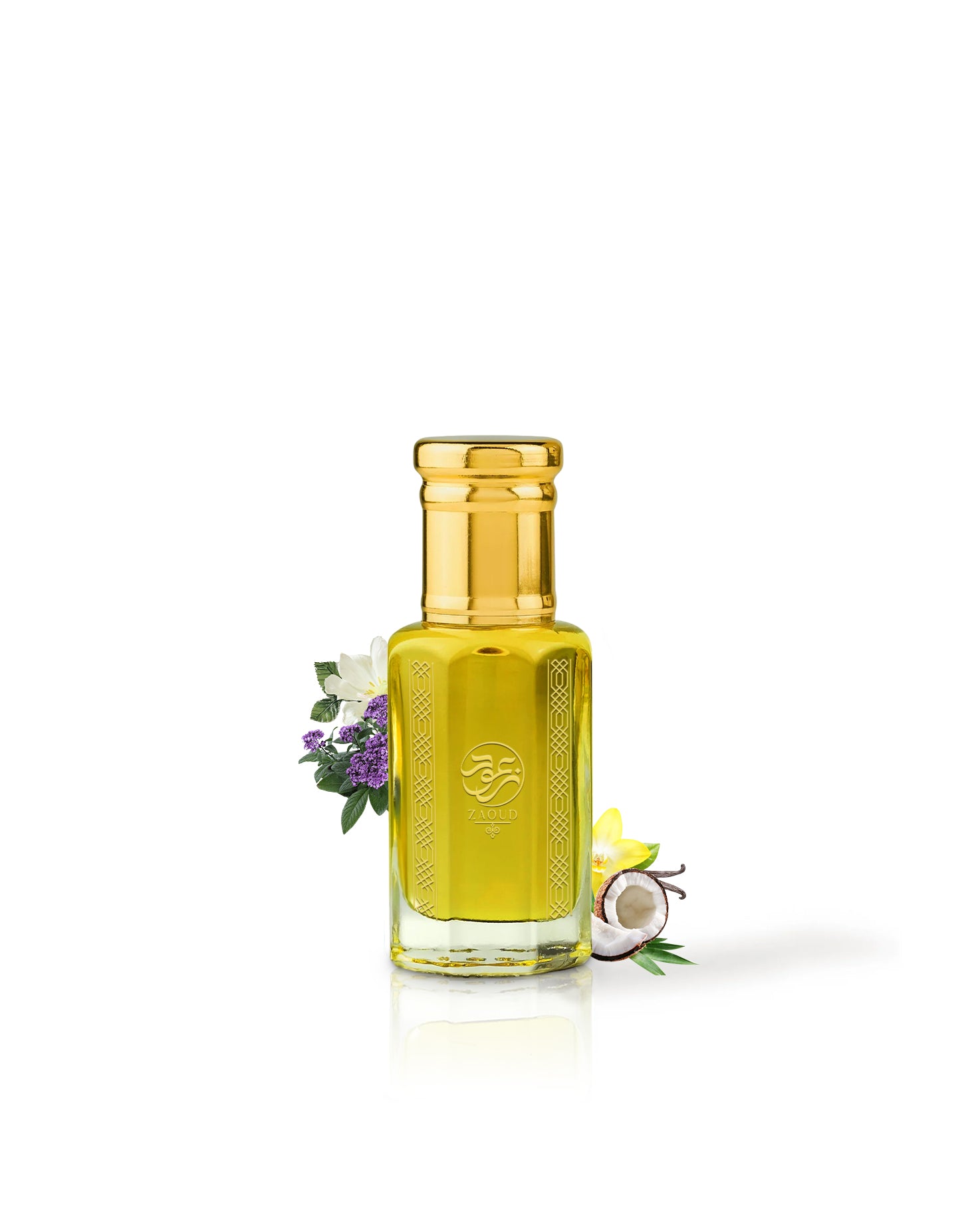 creme voile perfume oil bottle surrounded with coconut and vanilla shows from behind the bottle against white background