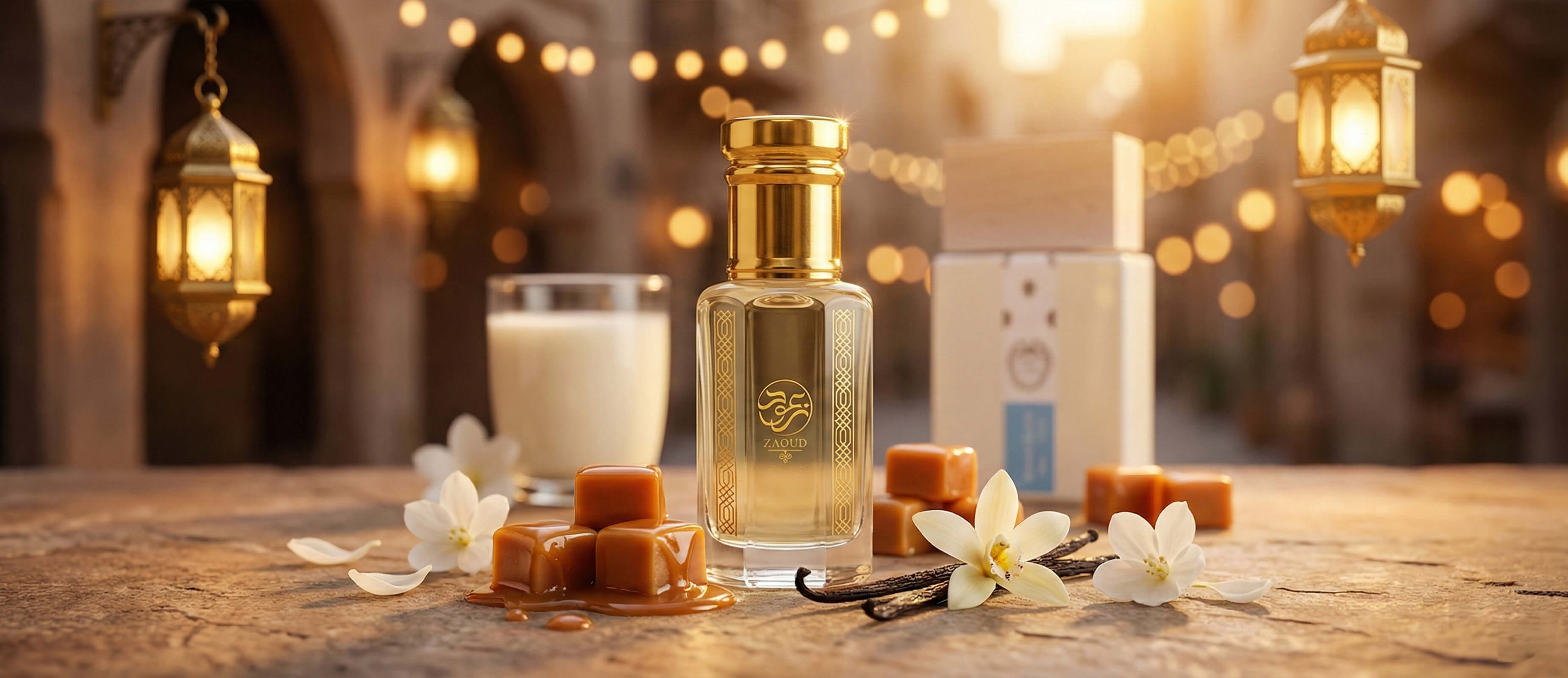 Gold perfume bottle with flowers and candles on a wooden table with warm lighting.