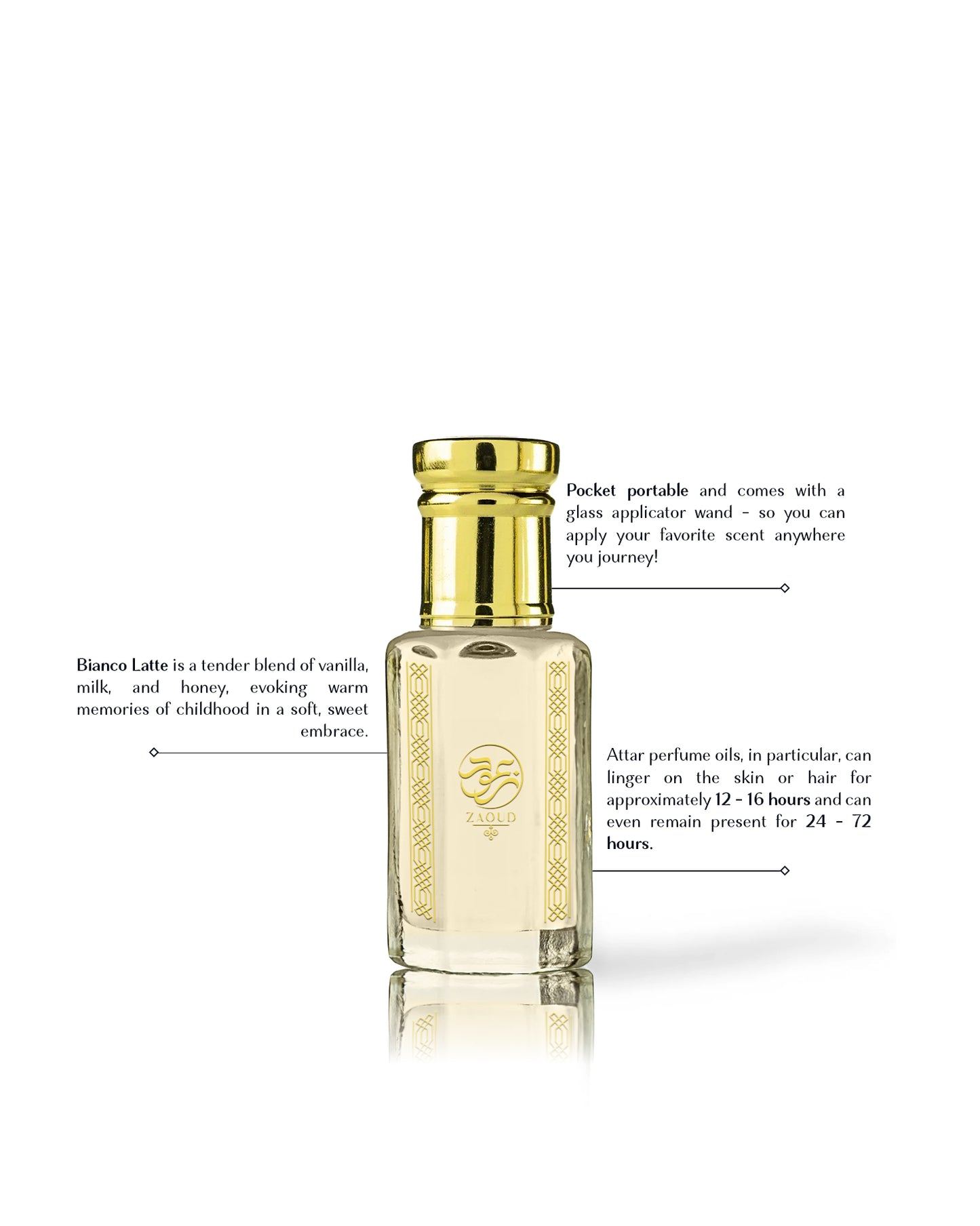 cremosa bianco latte perfume oil bottle fragrance information written besides against white background