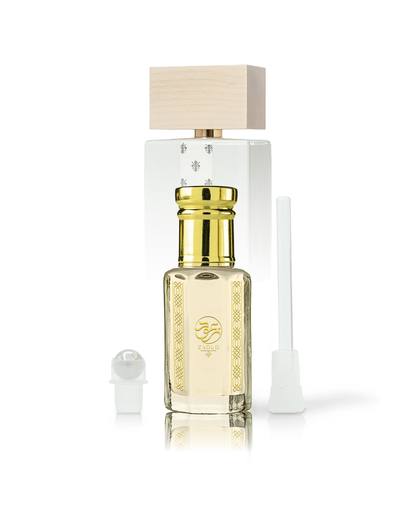 cremosa perfume oil bottle shows roller and stick besides with bianco latte bottle behind against white background