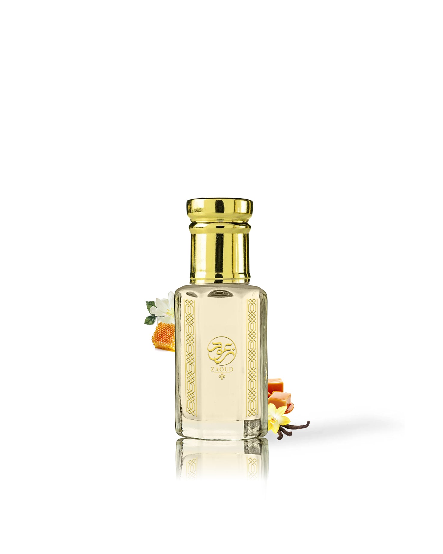 cremosa bianco latte perfume oil bottle surrounded with fragrance notes like caramel and vanilla against white background