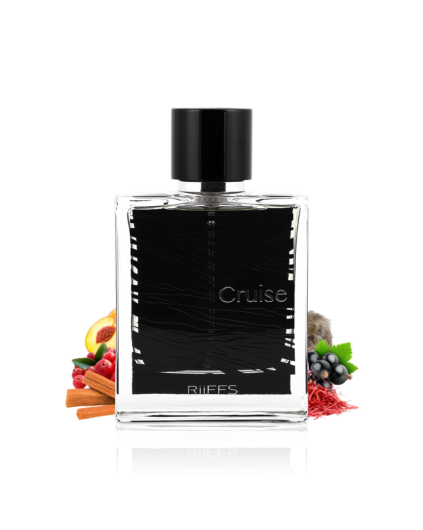 cruise by riiffs perfume bottle surrounded with its ingredients like peach and saffron with many others shows from behind the bottle against white background