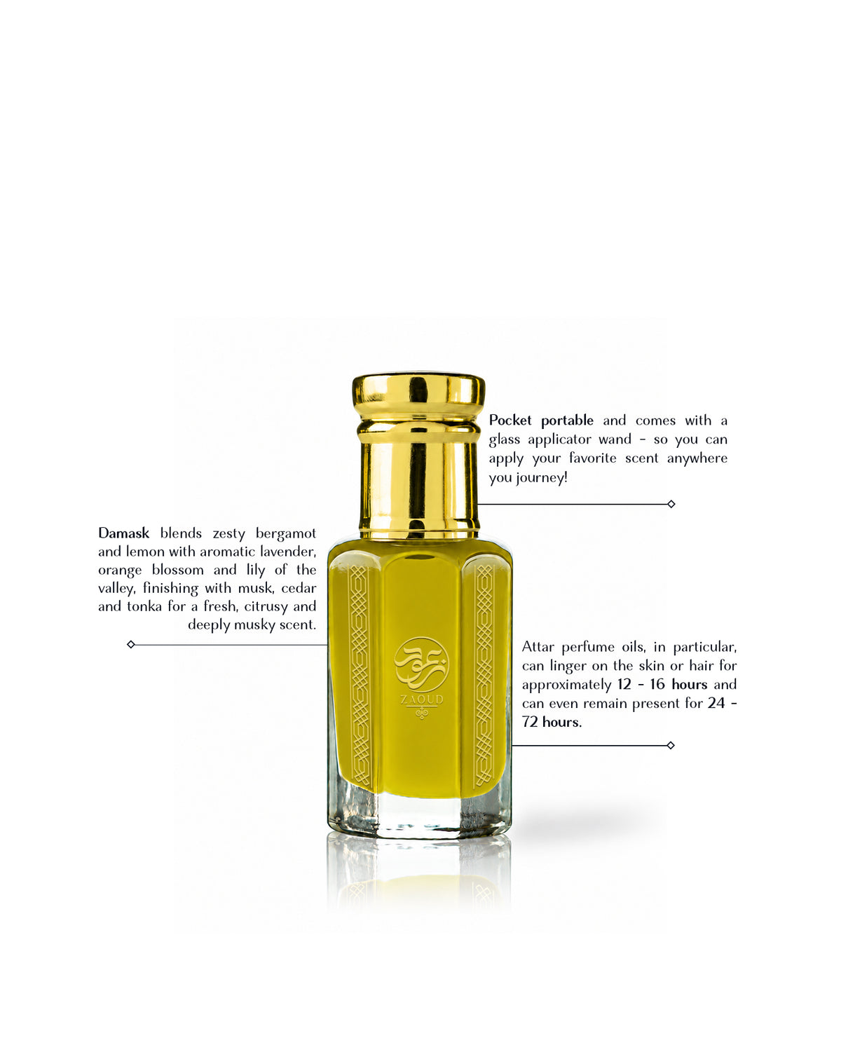 damask perfume oil bottle beside written fragrance informations against white background