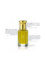 damask perfume oil bottle beside written fragrance informations against white background