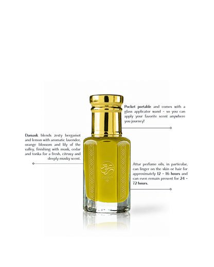 damask perfume oil bottle beside written fragrance informations against white background