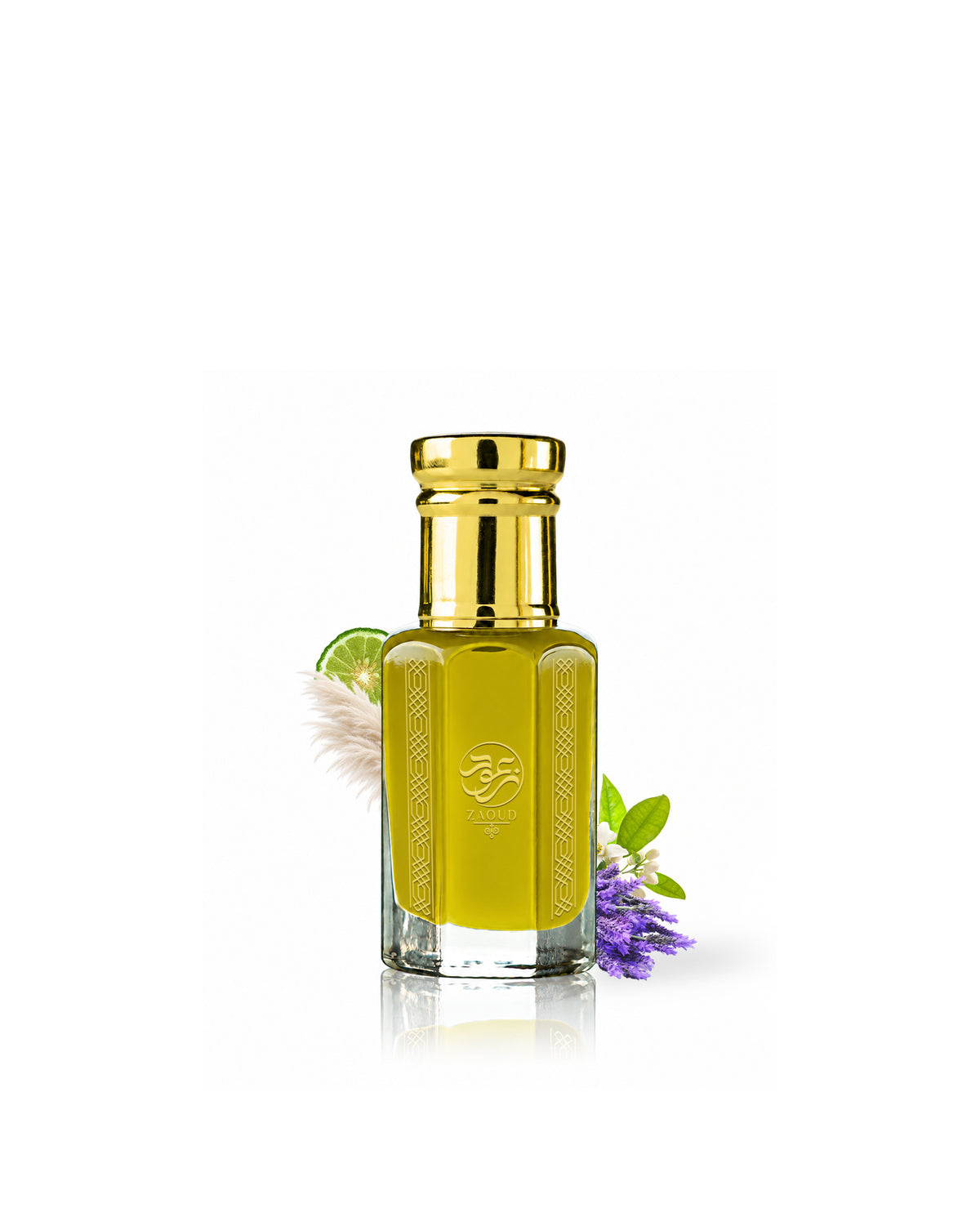 damask perfume oil bottle surrounded with fragrance notes like lavender and citrus shows against white background