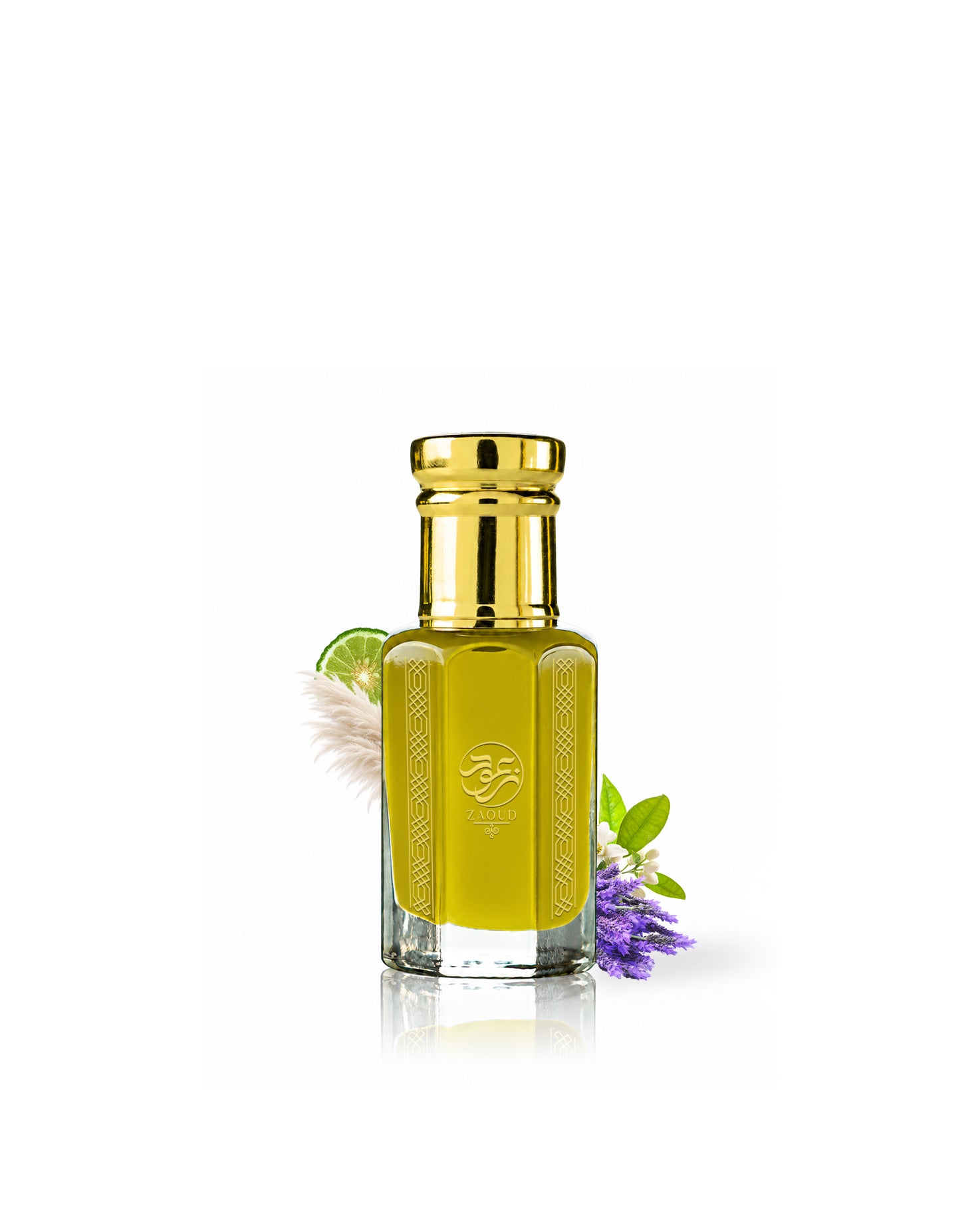 damask perfume oil bottle surrounded with fragrance notes like lavender and citrus shows against white background