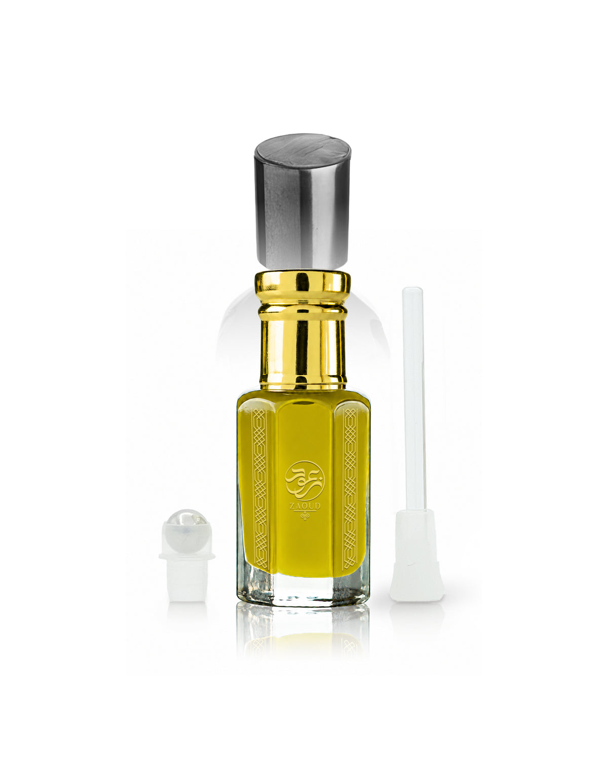 damask perfume oil bottle beside roller and stick shows against white background