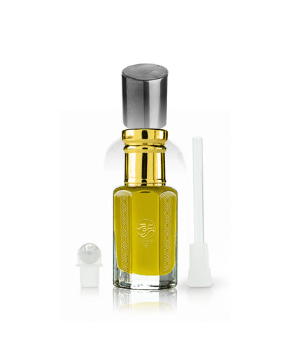 damask perfume oil bottle beside roller and stick shows against white background