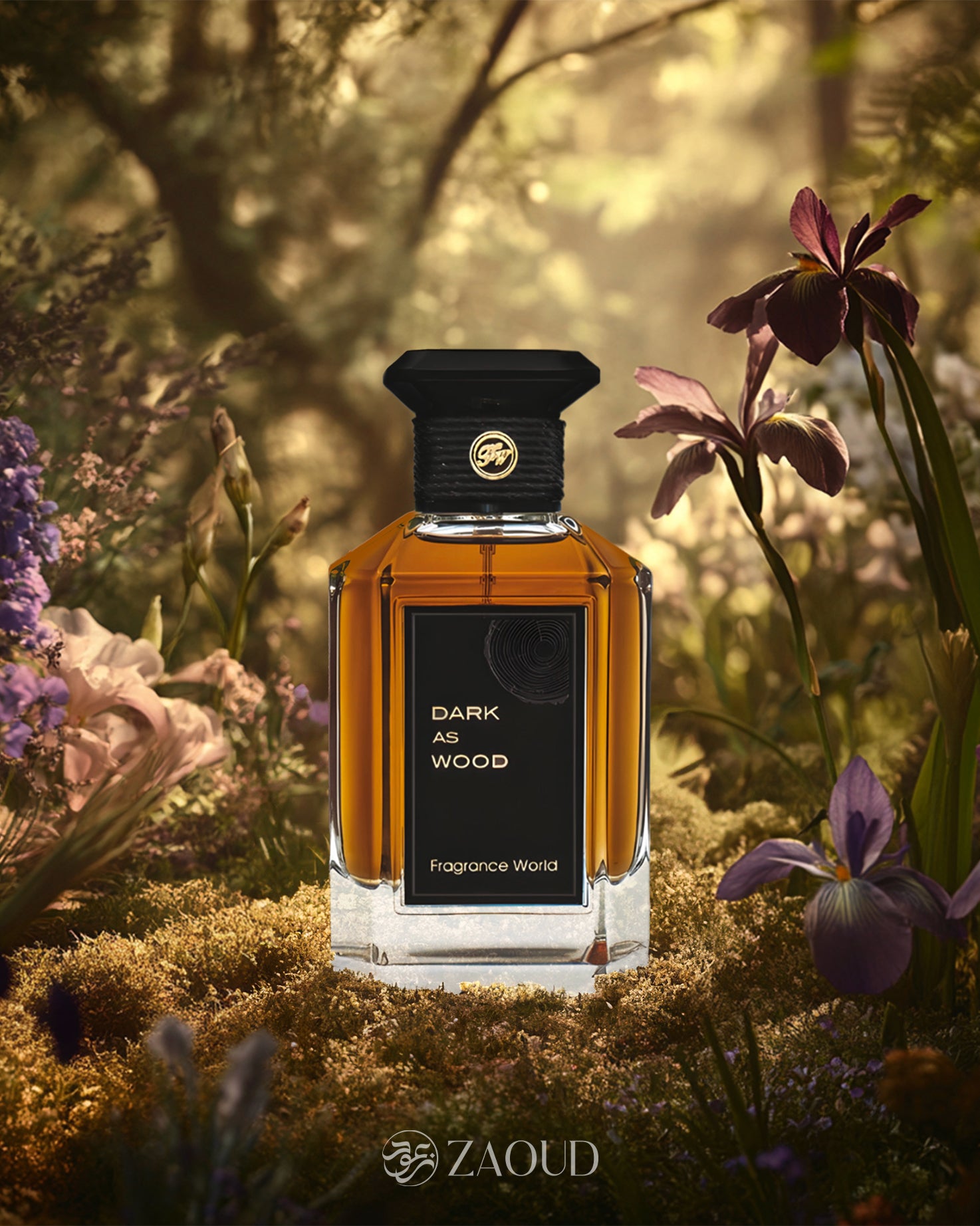 fragrance world dark as wood perfume bottle photograph inside dark jungle with beside violet flowers.