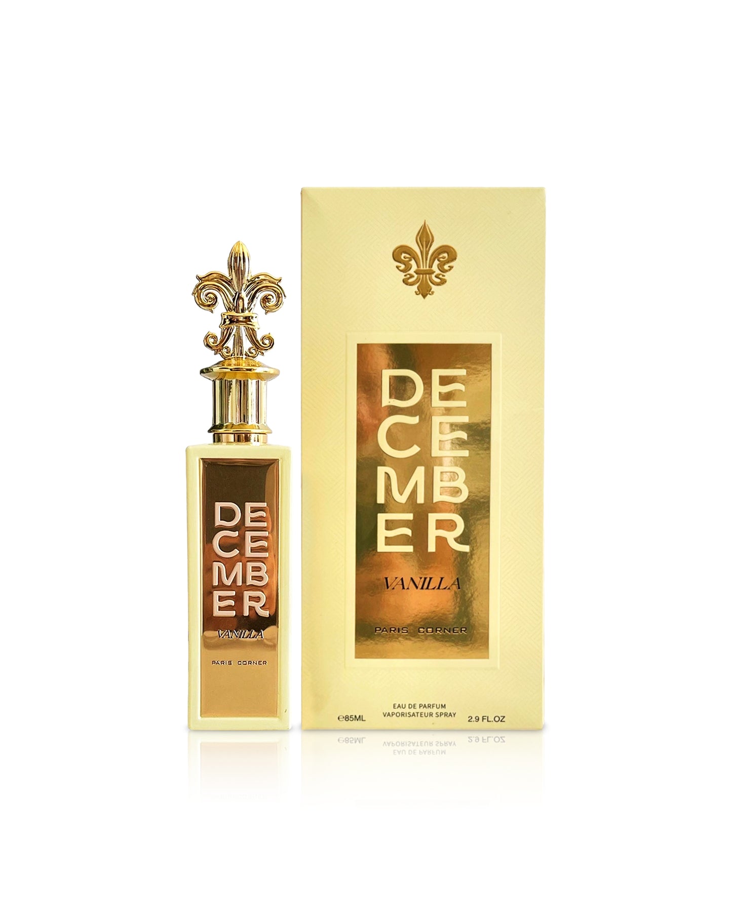 paris corner december vanilla perfume bottle shows beside its box 
against white background