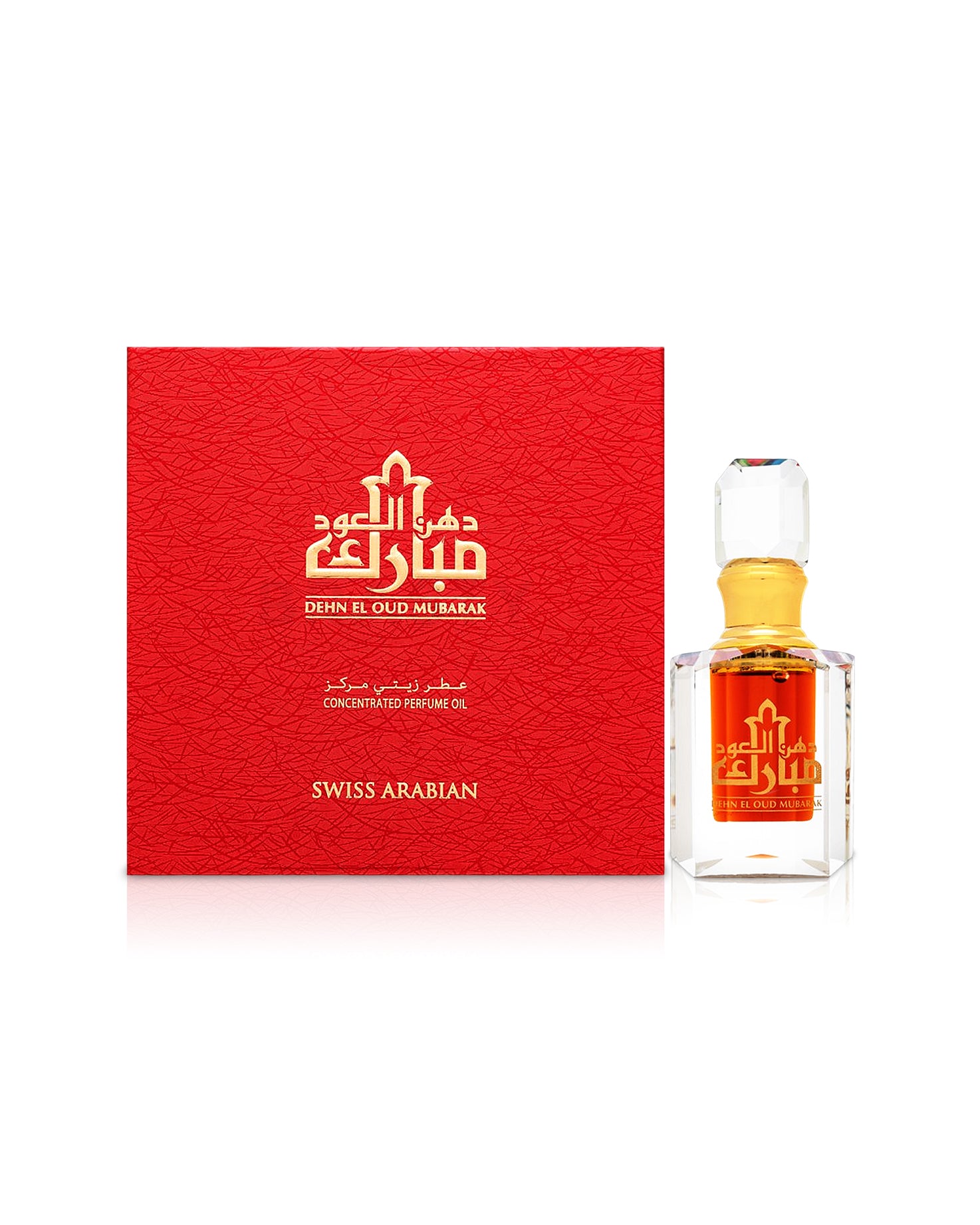 swiss arabian dehn el oud mubarak perfume oil bottle shows beside its red box against white background