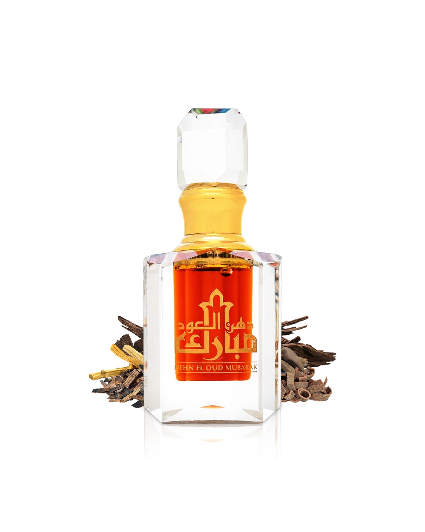 swiss arabian dehn el oud mubarak perfume oil bottlesurrounded with fragrance notes like combodian oud shows from behind the bottle against white background