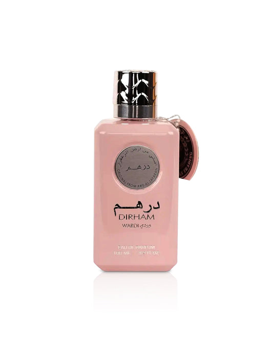 ard al zaafaran dirham wardi Pink perfume bottle with black cap on a white background